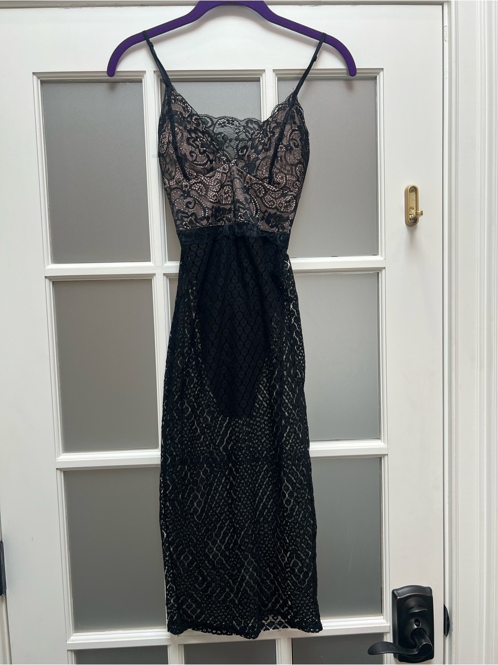 Black Lace Midi Dress with Nude Underlay and Spaghetti Straps